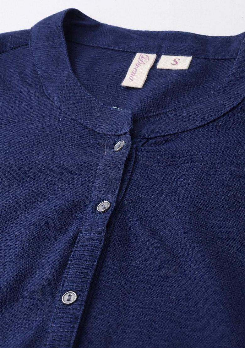 Blue Solid Cotton Kurta Set - Indya