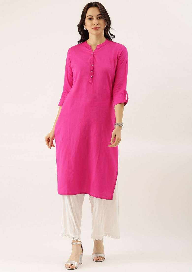 Pink Solid Cotton Straight Kurta Set - Indya