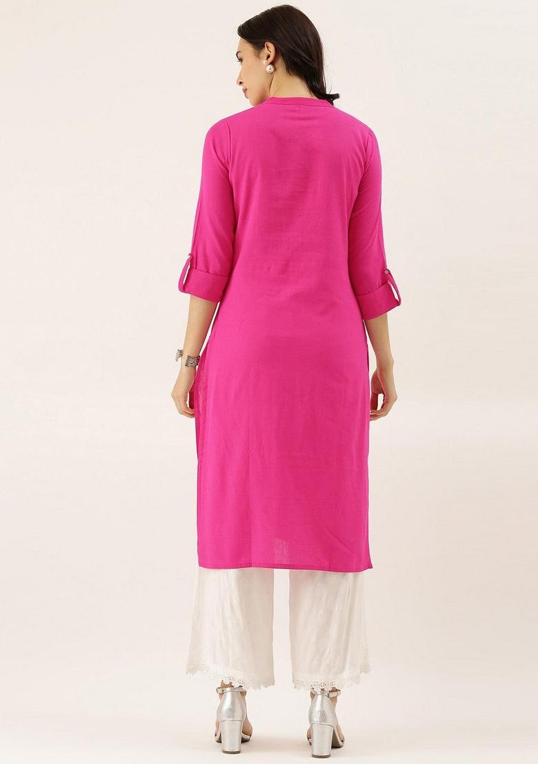 Pink Solid Cotton Kurta Set - Indya