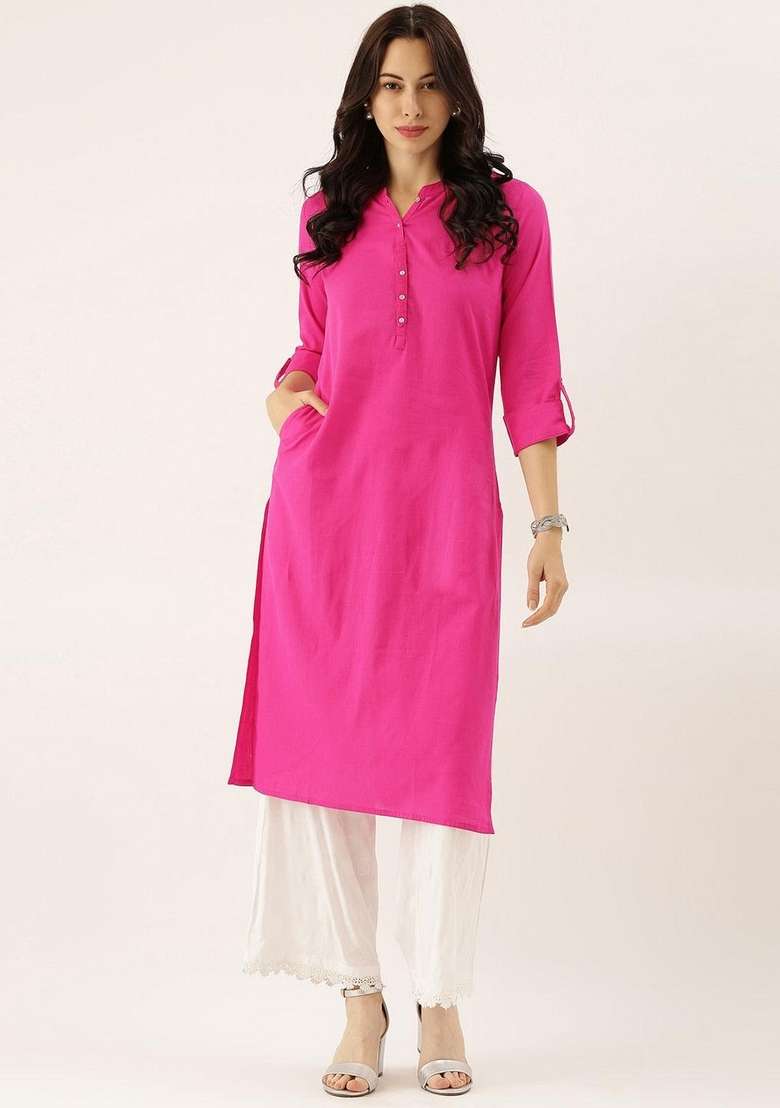 Pink Solid Cotton Straight Kurta Set - Indya