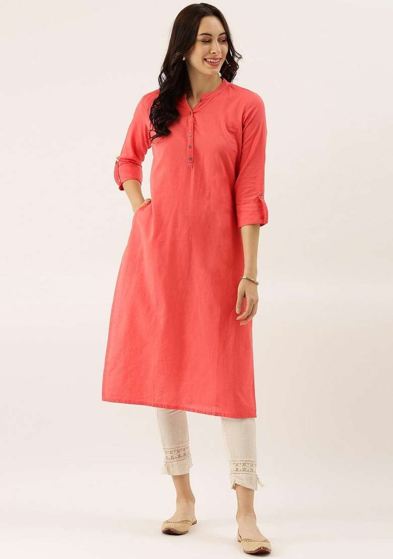 Orange Solid Cotton Kurta Set - Indya