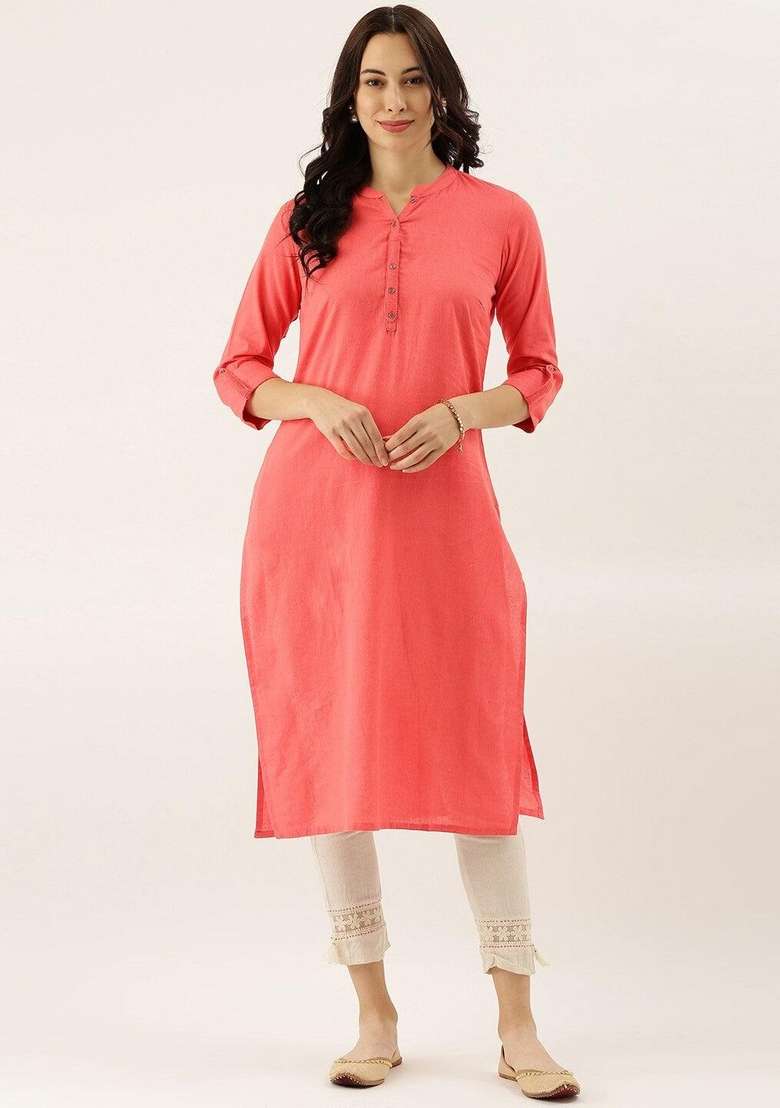 Orange Solid Cotton Kurta Set - Indya