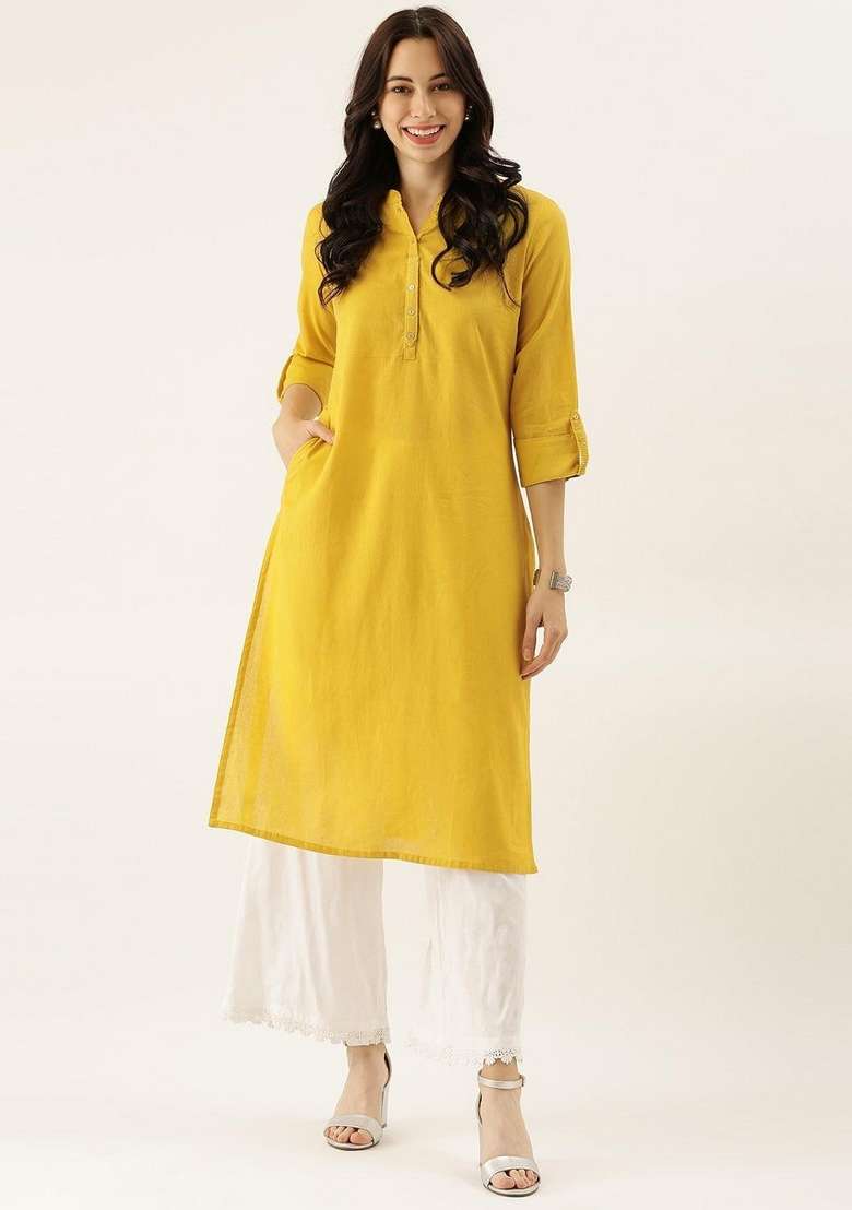 Yellow Solid Cotton Kurta Set - Indya