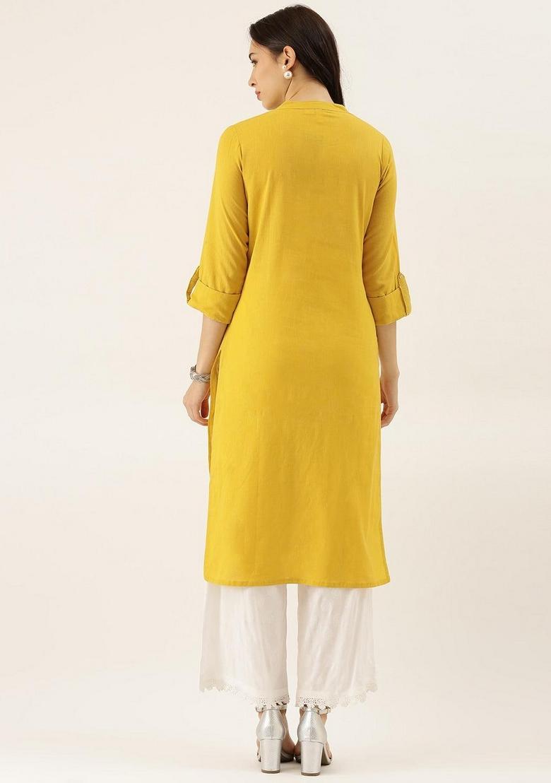 Yellow Solid Cotton Kurta Set - Indya