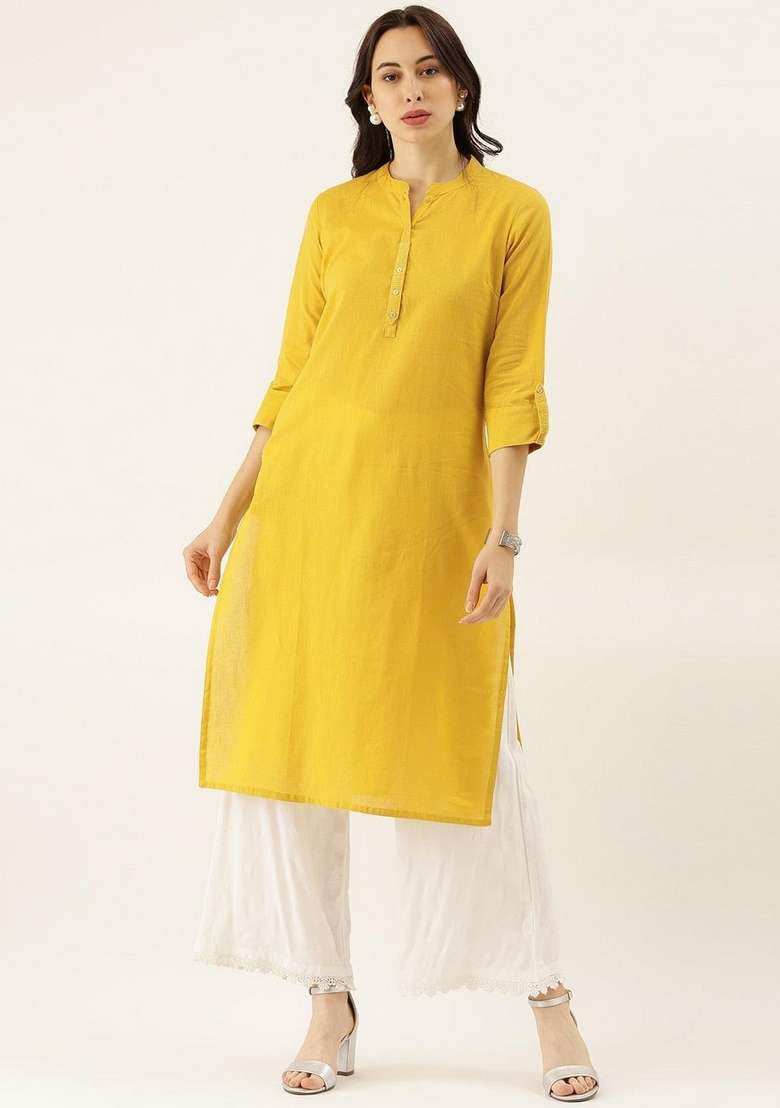 Yellow Solid Cotton Kurta Set - Indya