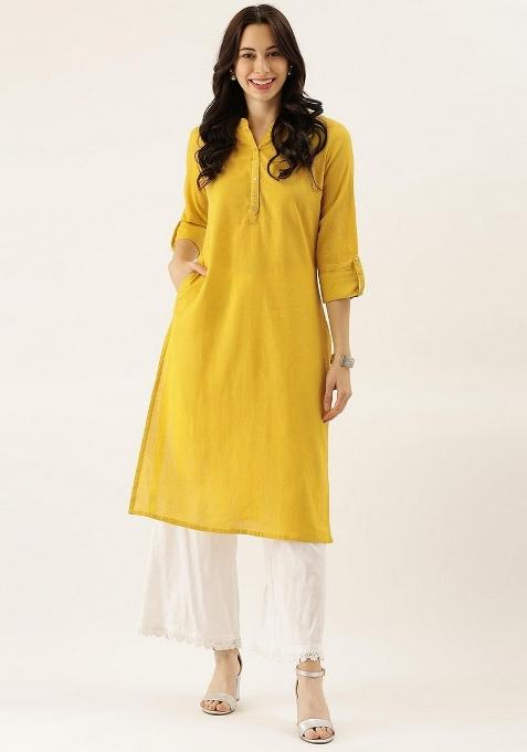 Yellow Solid Cotton Kurta Set