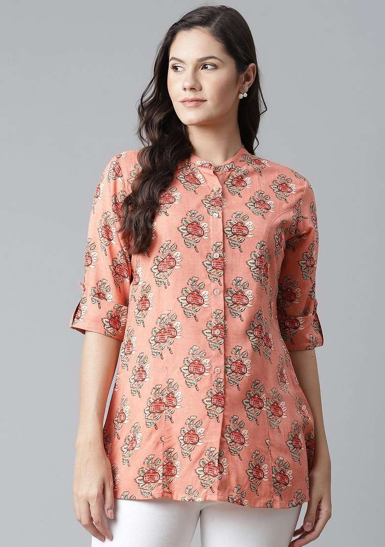 Peach Floral Print Cotton Kurta - Indya