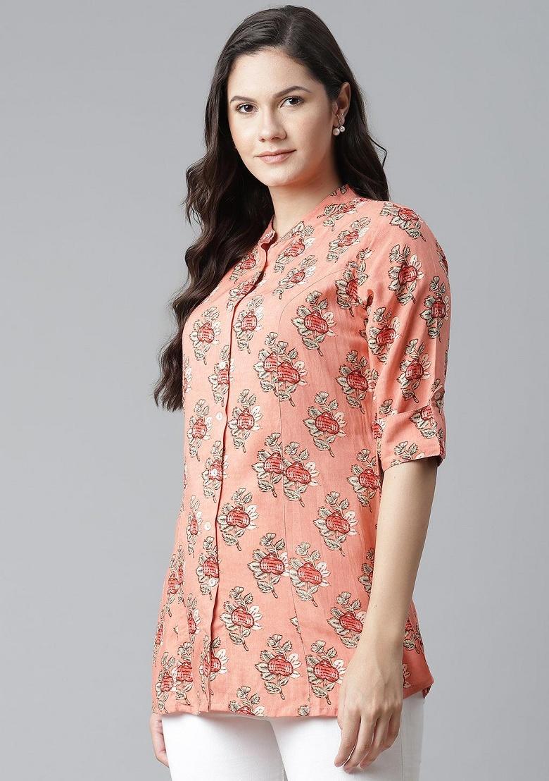 Peach Printed Cotton Top - Indya