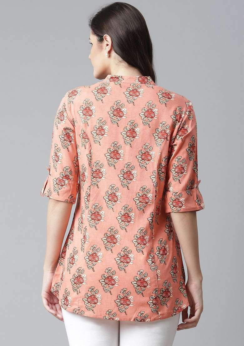 Peach Floral Print Cotton Kurta - Indya