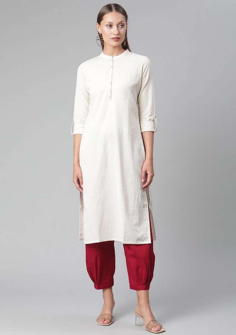 Beige Solid Cotton Straight Kurta Set - Indya