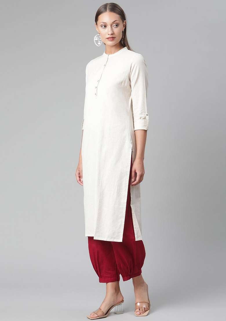 Beige Solid Cotton Straight Kurta Set - Indya