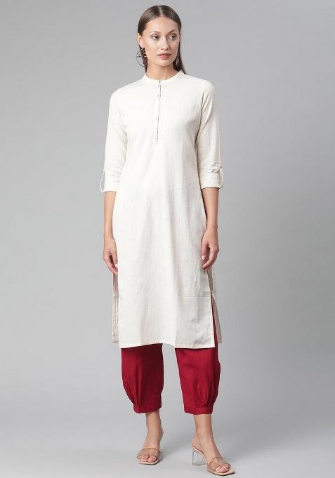 Beige Solid Cotton Kurta Set