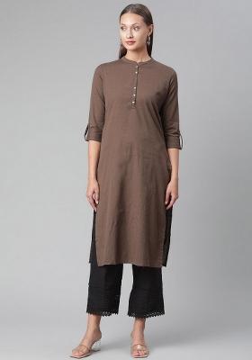 Coffee Brown Solid Cotton Kurta Set