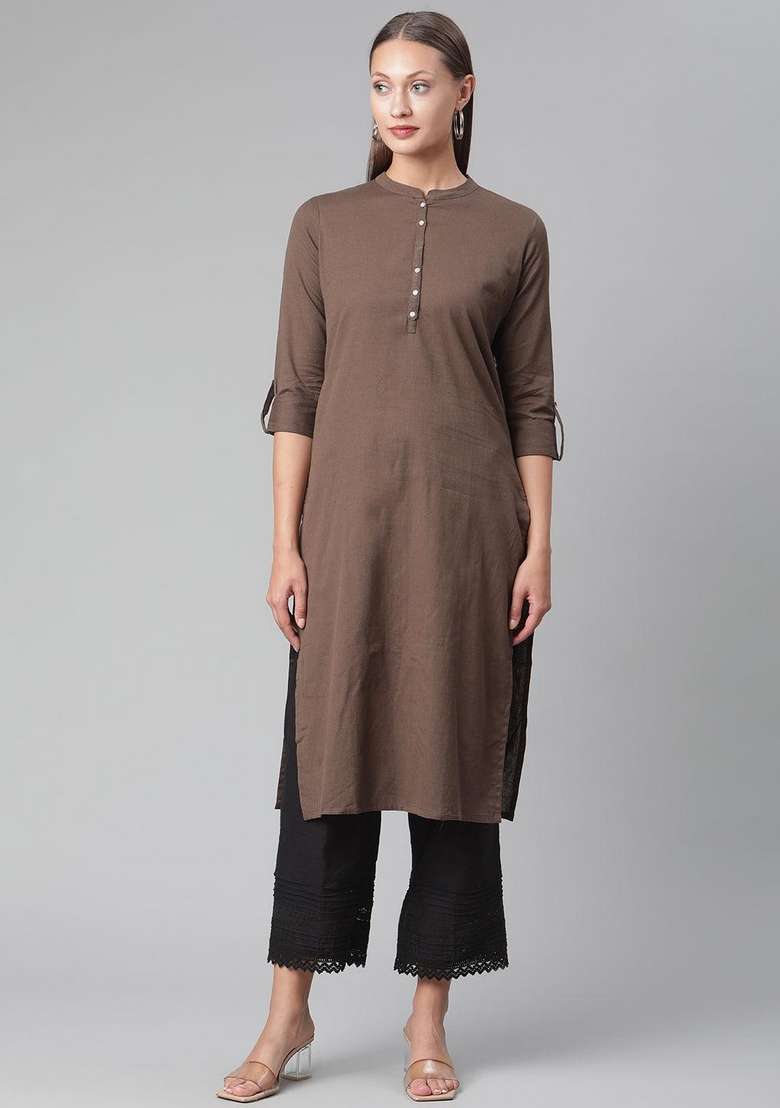 Coffee Brown Solid Cotton Straight Kurta Set - Indya