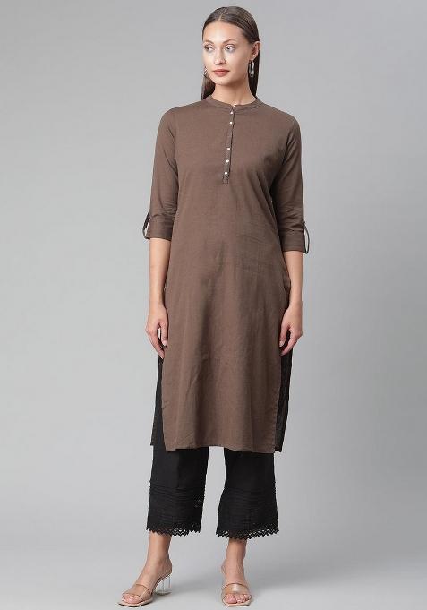 Coffee Brown Solid Cotton Kurta Set