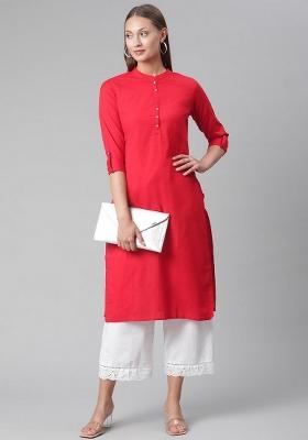 Red Solid Cotton Kurta Set