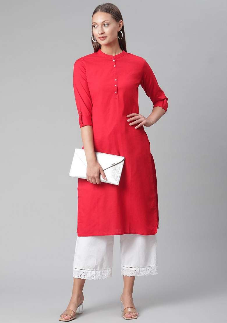 Red Solid Cotton Kurta Set - Indya
