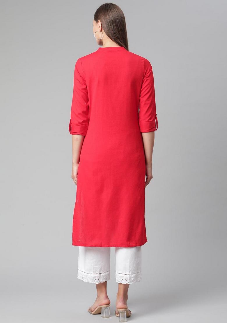 Red Solid Cotton Kurta Set - Indya