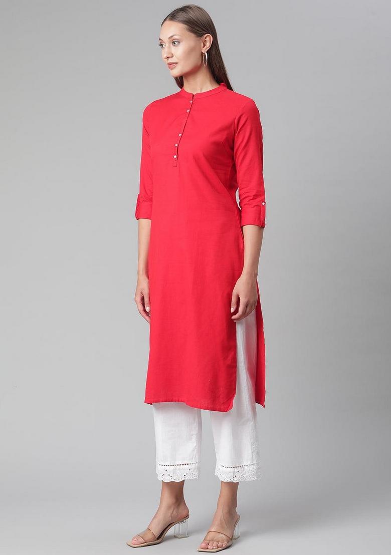 Red Solid Cotton Kurta Set - Indya