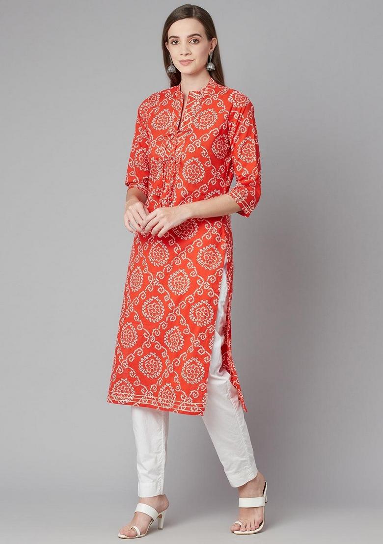 Red Printed Cotton Kurta Set - Indya