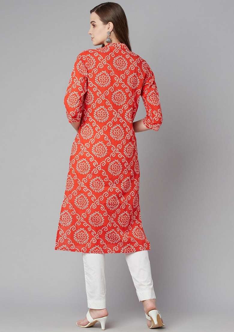 Red Printed Cotton Kurta Set - Indya