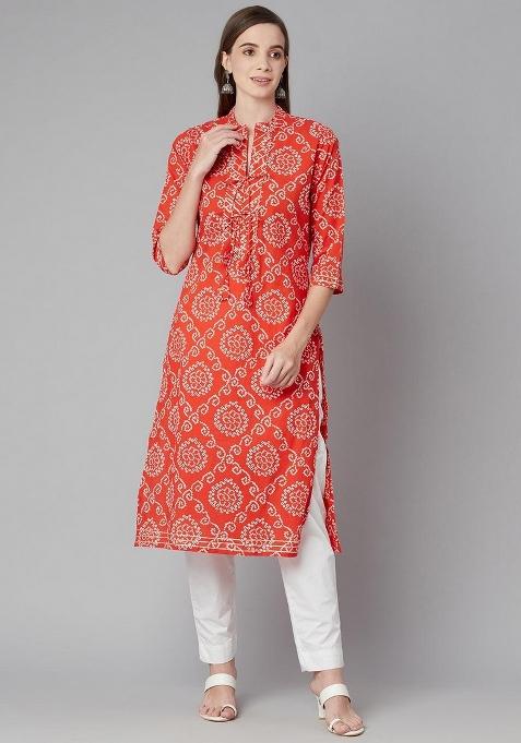 Red Printed Cotton Kurta Set