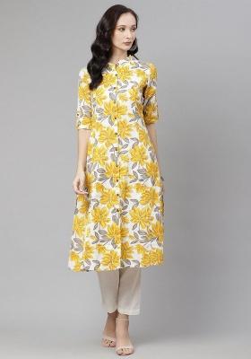 Yellow Floral Print Cotton A Line Kurta Set