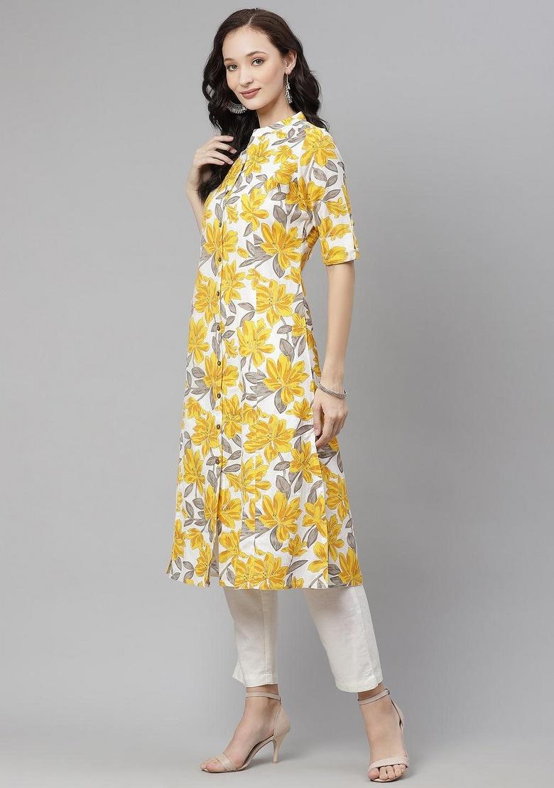 Yellow Floral Cotton Kurta Set - Indya