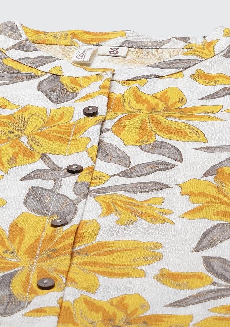 Yellow Floral Cotton Kurta Set - Indya