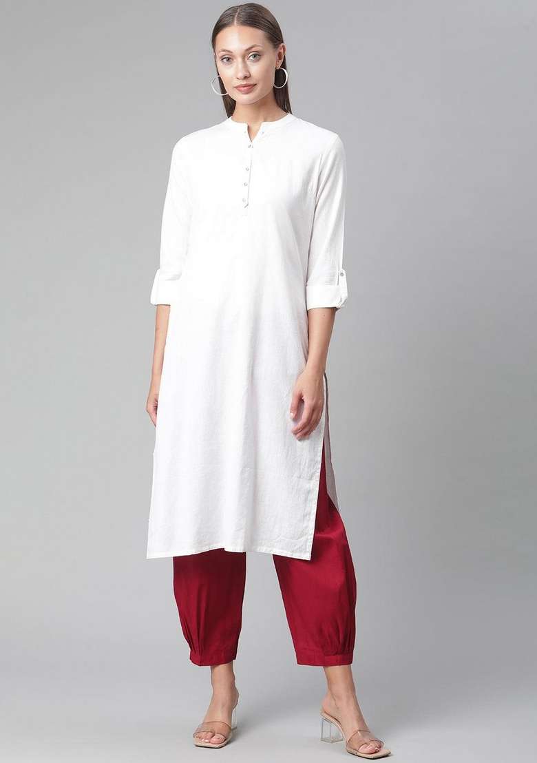 White Solid Cotton Straight Kurta Set - Indya