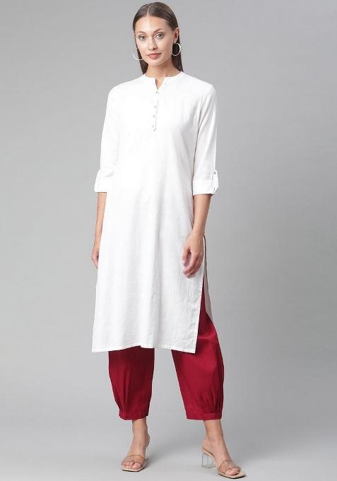White Solid Cotton Kurta Set