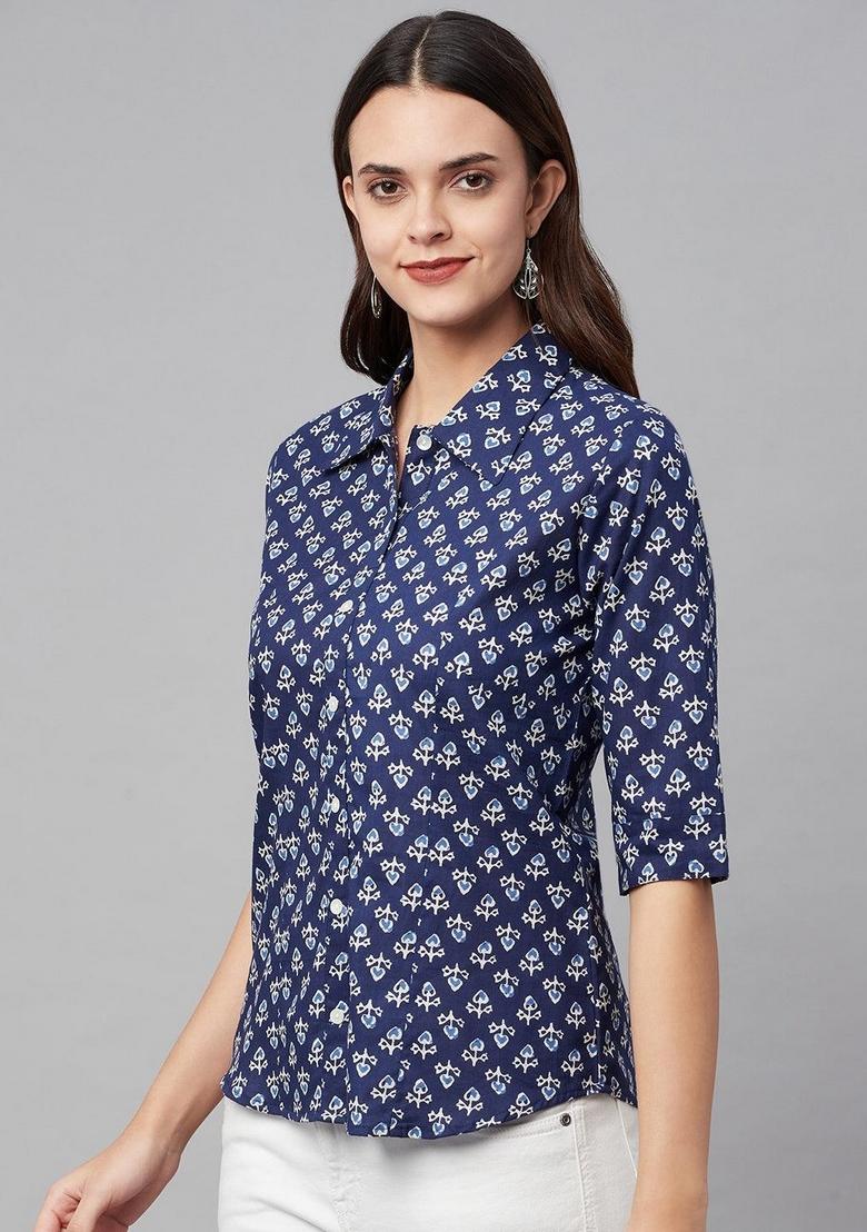 Indigo Floral Cotton Top - Indya
