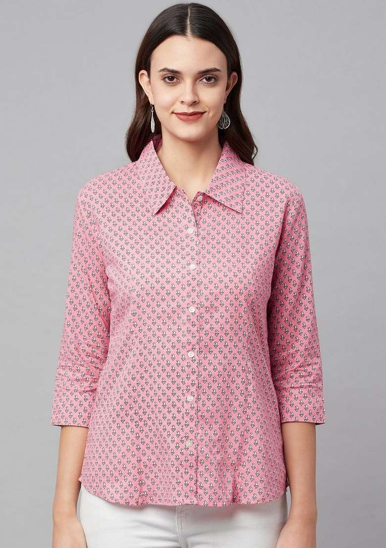 Baby Pink Printed Cotton Kurta - Indya