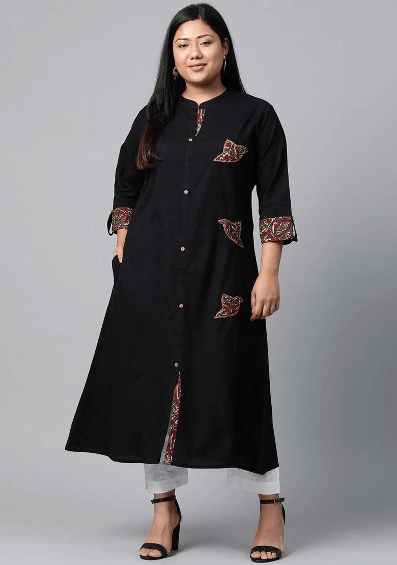 Black Solid Cotton Kurta Set - Indya