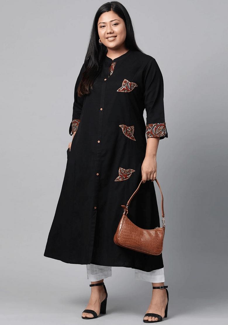 Black Solid Cotton Kurta Set - Indya