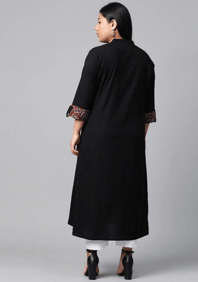 Black Solid Cotton Kurta Set - Indya