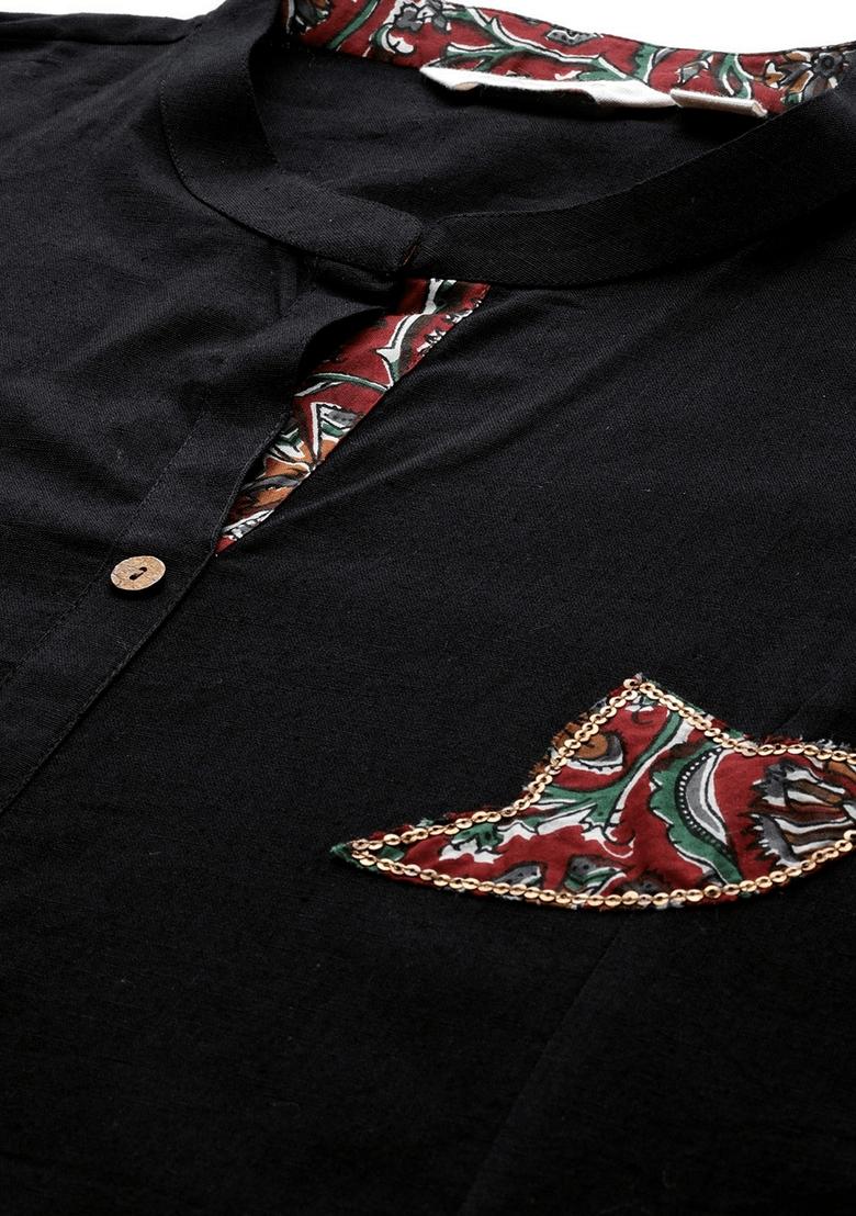 Black Solid Cotton Kurta Set - Indya