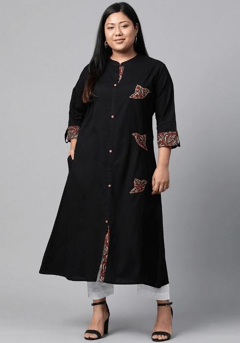 Black Solid Cotton Kurta Set