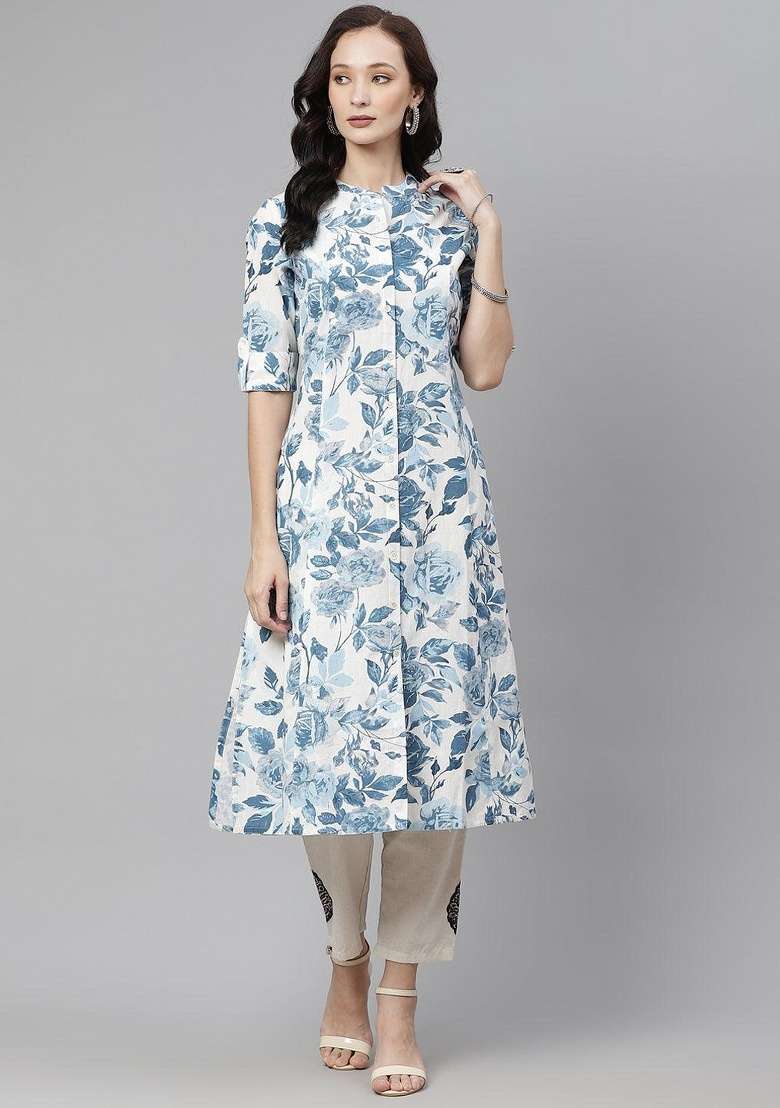 Multi Floral Print Cotton A Line Kurta Set - Indya