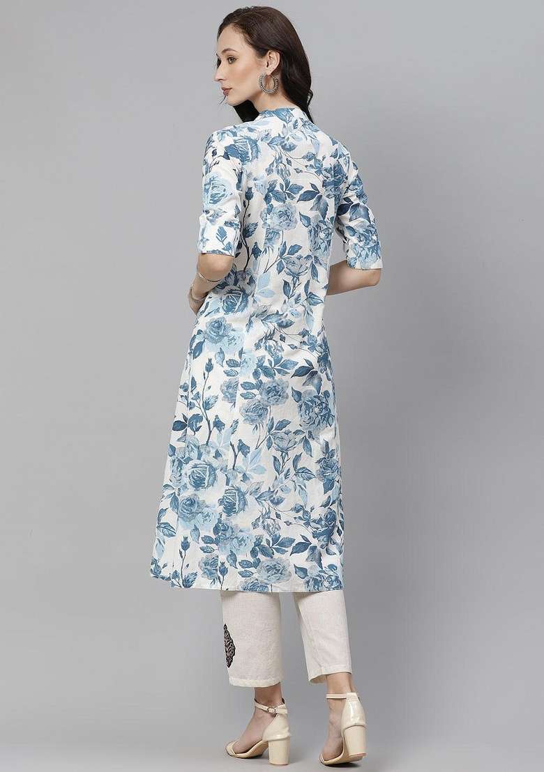 Multi Floral Print Cotton A Line Kurta Set - Indya
