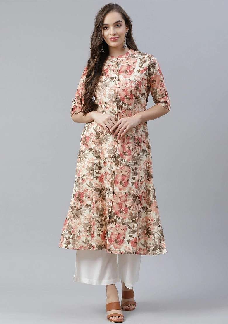 Cream Floral Print Cotton Kurta Set - Indya