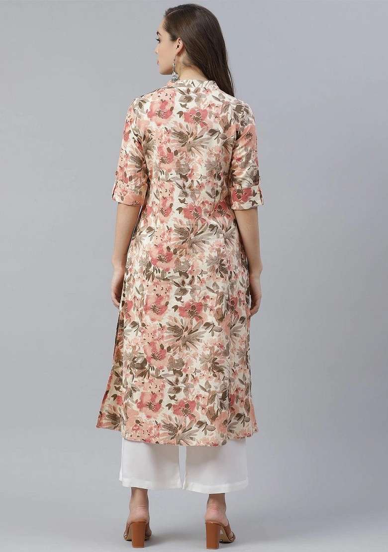 Cream Floral Print Cotton Kurta Set - Indya