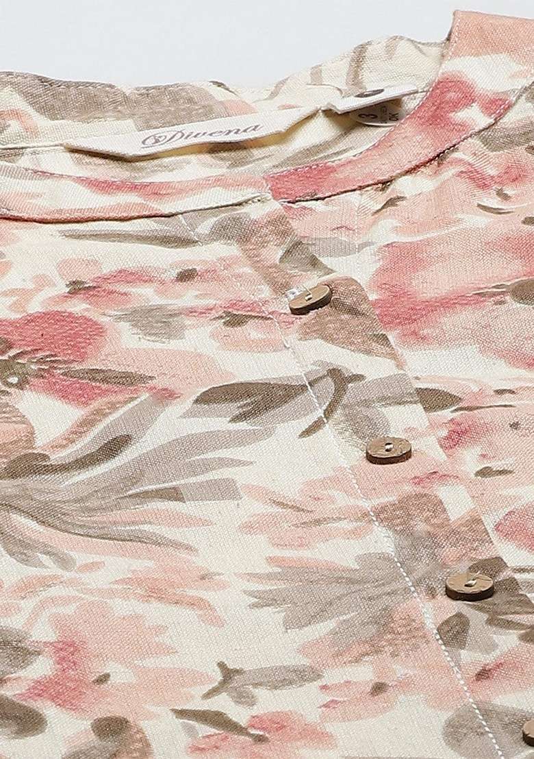 Cream Floral Print Cotton Kurta Set - Indya