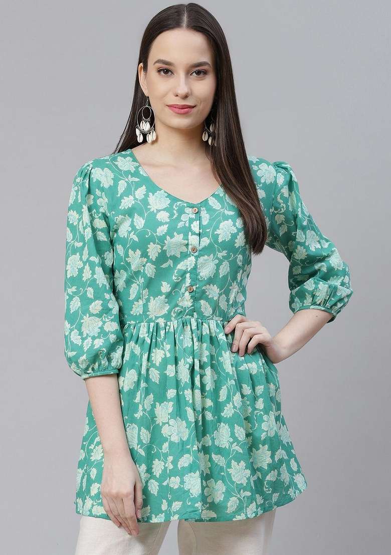 Sea Green Floral Print Cotton Kurta - Indya