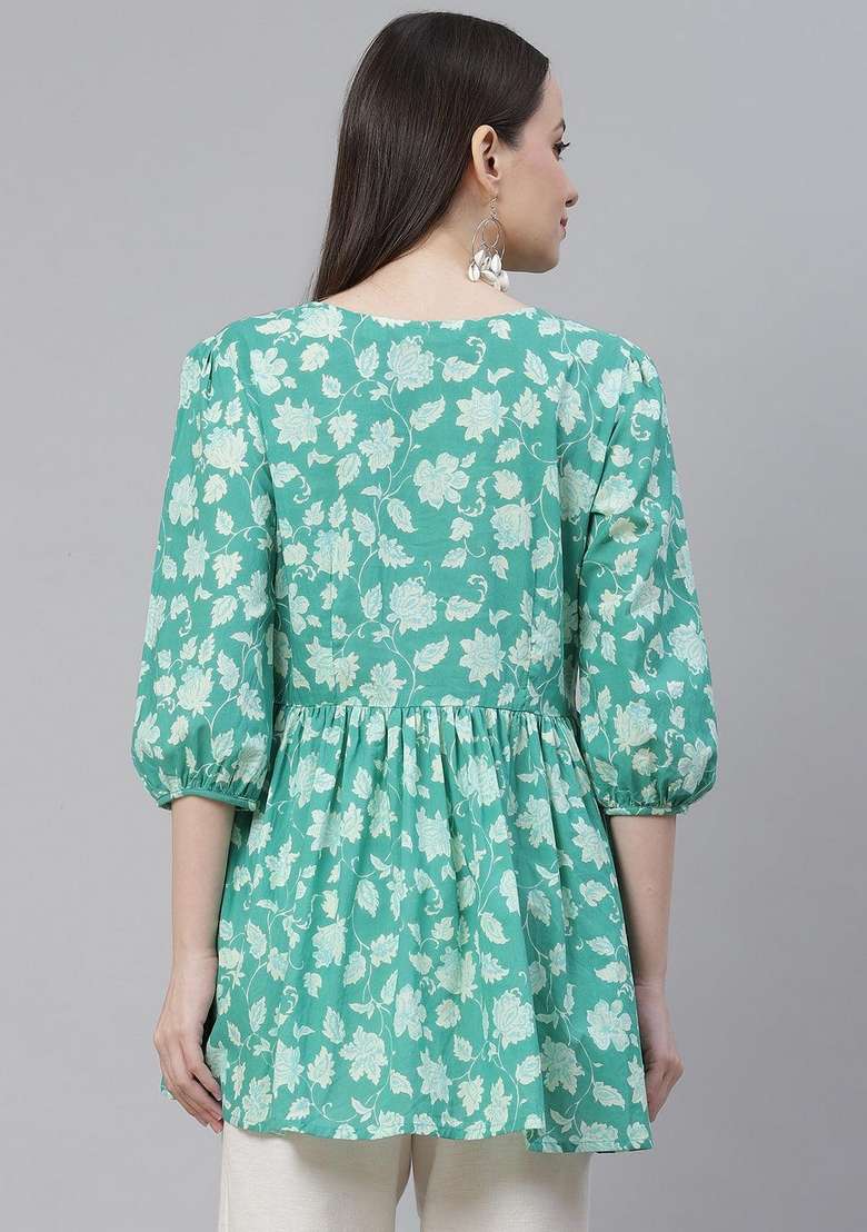 Sea Green Floral Print Cotton Kurta - Indya