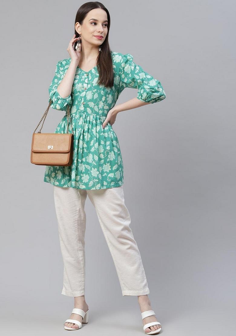 Sea Green Floral Cotton Top - Indya