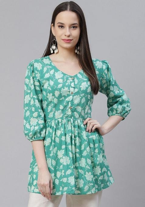 Sea Green Floral Cotton Top