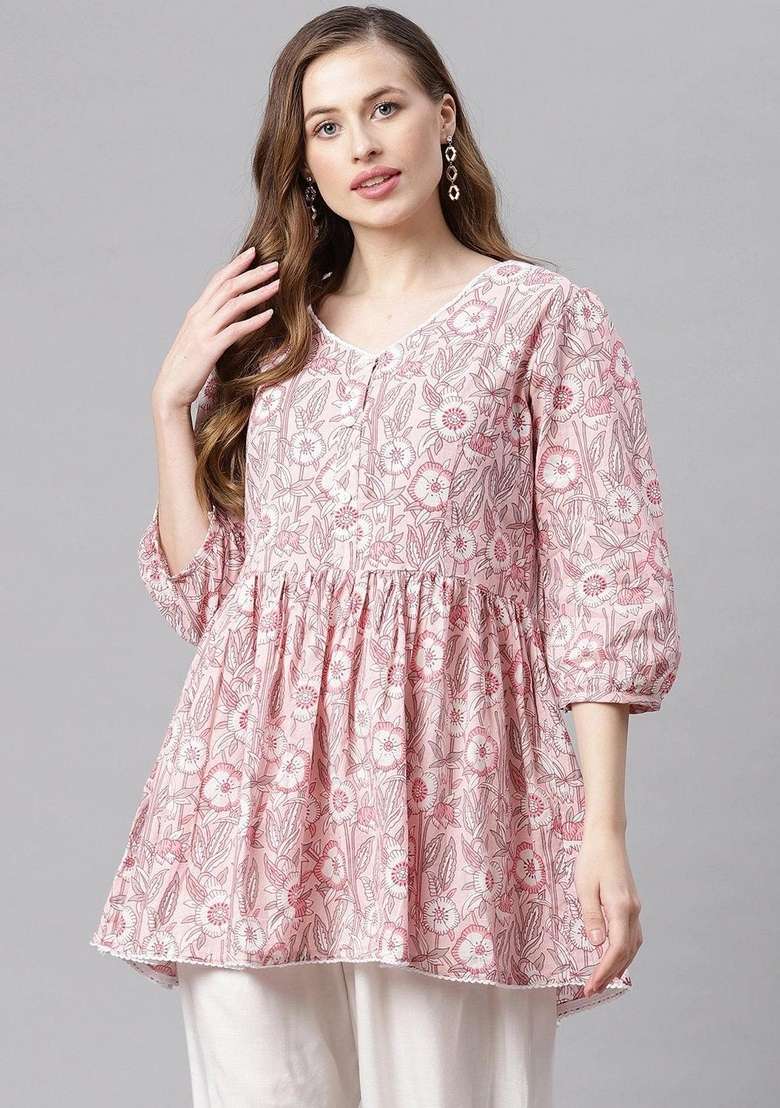 Baby Pink Floral Print Cotton Kurta - Indya