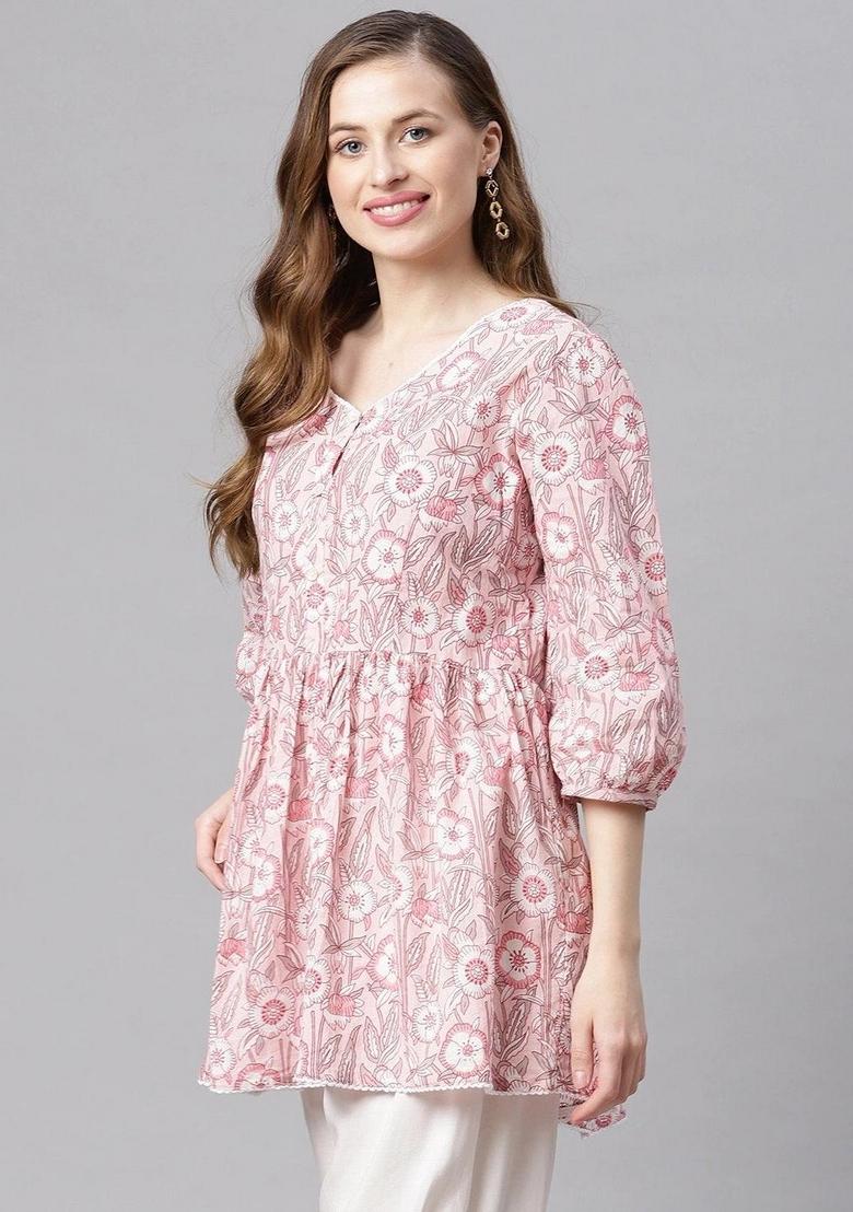 Baby Pink Floral Cotton Top - Indya