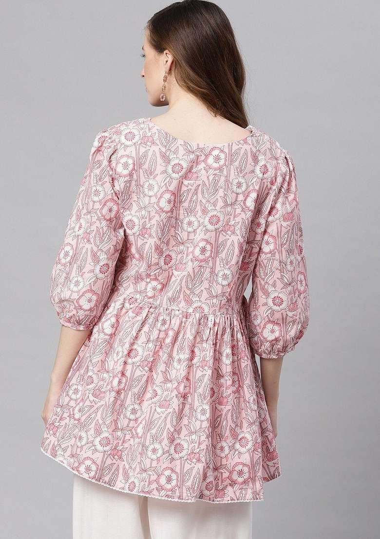 Baby Pink Floral Print Cotton Kurta - Indya